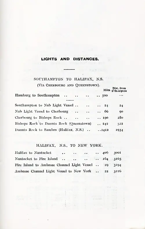 Lights and Distances, Southampton to Halifax via Cherbourg and Queenstown (Cobh) and Halifax to New York, 1925.