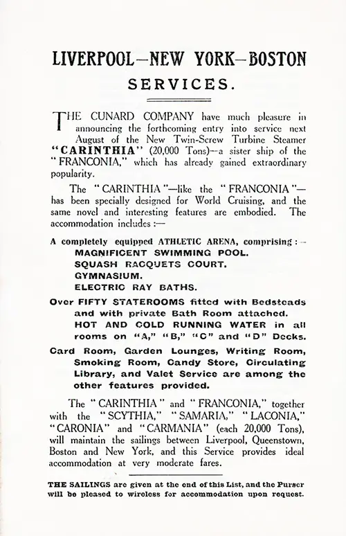 Cunard Line Liverpool-New York-Bost Services, 1925.