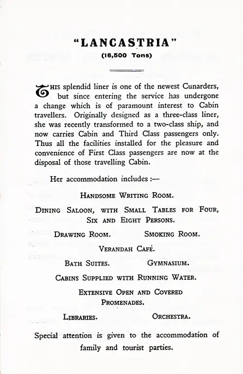 Cunard Line Featured Ship: The RMS Lancastria, 16,500 Tons, with a List of Her Features and Accommodations, 1925.