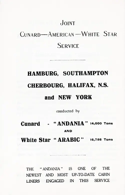 Joint Cunard-American-Whte Star Service, Hamburg, Southampton, Cherbourg, Halifax, and New York, 1925.
