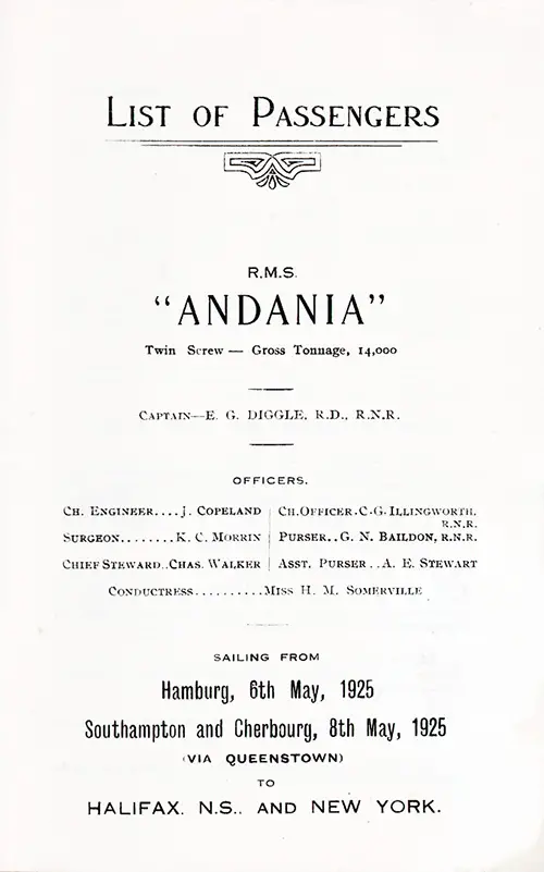Title Page and List of Senior Officers and Staff, SS Andania Cabin Passenger List, 6 May 1925.