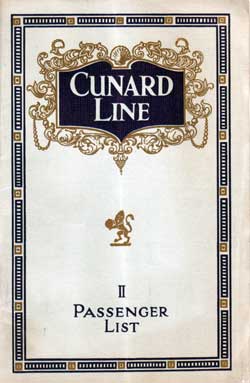 Passenger List, Cunard Line RMS Aquitania 1923