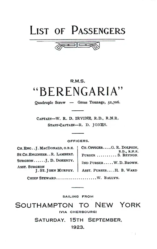 Title Page Including Senior Officers and Staff, RMS Berengaria Second Class Passenger List, 15 September 1923.