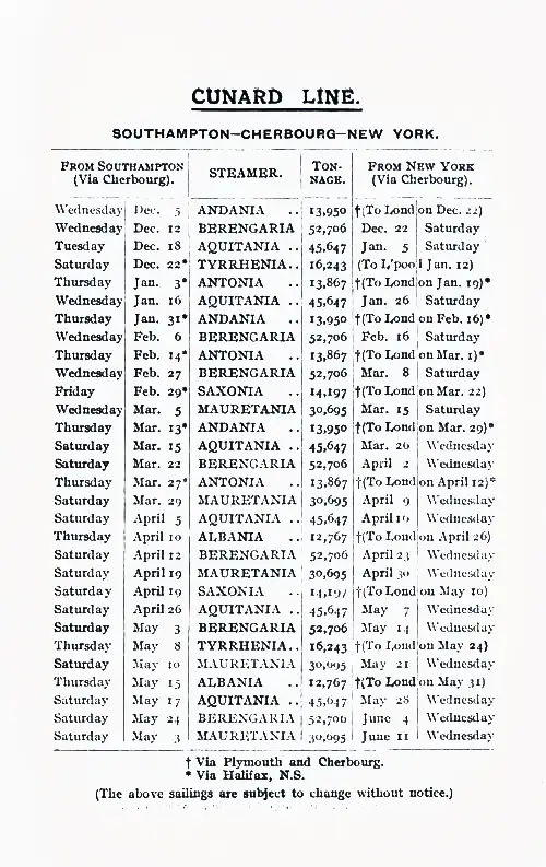 Sailing Schedule, Southampton-Cherbourg-New York, from 5 December 1923 to 11 June 1924.