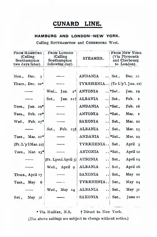 Sailing Schedule, Hamburg-London-New York, from 3 December 1923 to 21 June 1924.