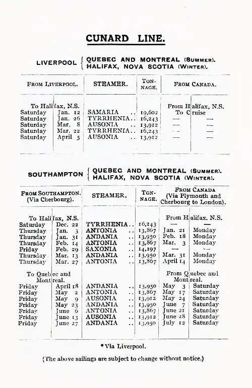 Sailing Schedule, Liverpool or Southampton to Canadian Ports, from 22 December 1923 to 12 July 1924.