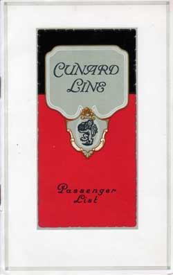 Passenger List, Cunard Line RMS Berengaria - August 1925