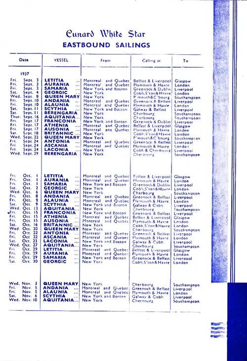 Cunard White Star Eastbound Sailing Schedule for September to November 1937.
