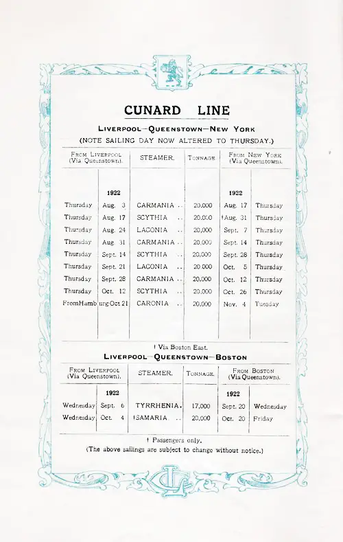 Sailing Schedule, Liverpool-Queenstown (Cobh)-New York, from 3 August 1922 to 4 November 1922.