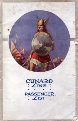 Passenger List, Cunard Line RMS Mauretania - 1921 - Back Cover