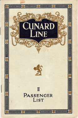 Passenger List, Cunard Line RMS Mauretania 1925