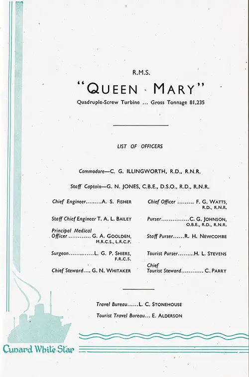 List of Officers, RMS Queen Mary, 19 September 1947.