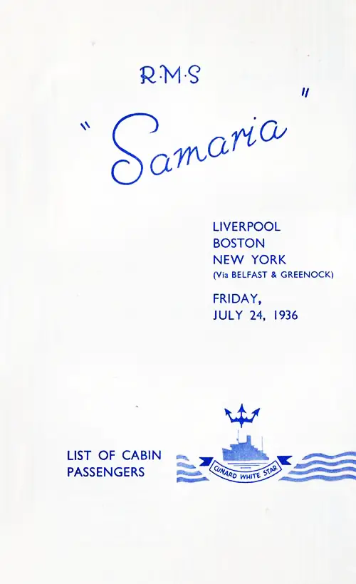 Title Page, RMS Samaria Cabin Passenger List, 24 July 1936.