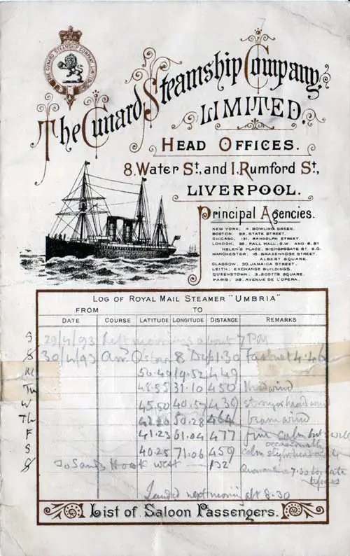 Front Cover, Saloon Passenger List for the RMS Umbria of the Cunard Line, Departing Saturday, 29 April 1893 from Liverpool to New York.