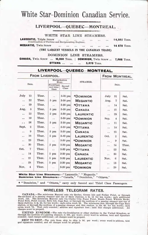 Sailing Schedule, Liverpool-Québec-Montréal, from 15 July 1909 to 20 November 1910.