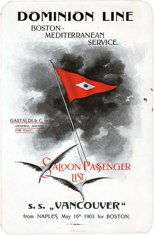 Passenger List, Dominion Line SS Vancouver, 1903, Naples, Italy to Boston