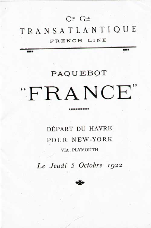 Title Page, SS France Cabin Passenger List, 5 October 1922.