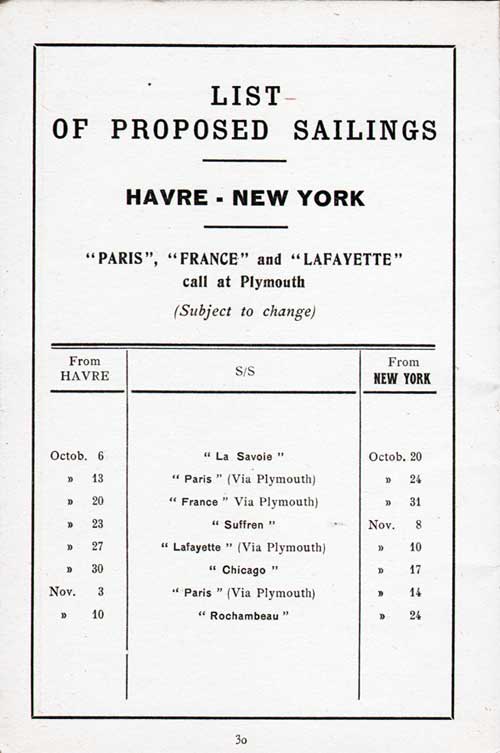 Sailing Schedule, Le Havre-New York, from 6 October 1923 to 24 November 1923.