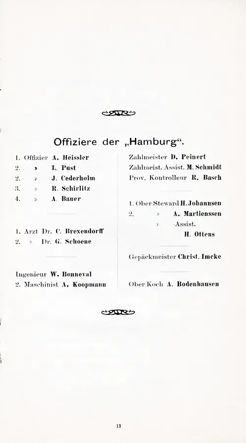Senior Officers and Staff, SS Hamburg Cabin Passenger List, 14 September 1905.