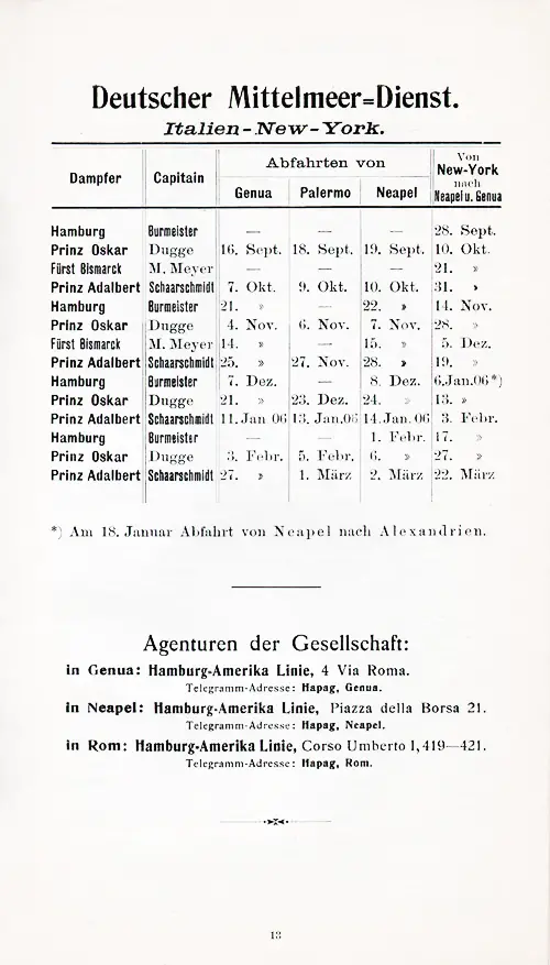 Sailing Schedule, Genoa-Palermo-Naples-New York, from 16 September 1905 to 22 March 1906.