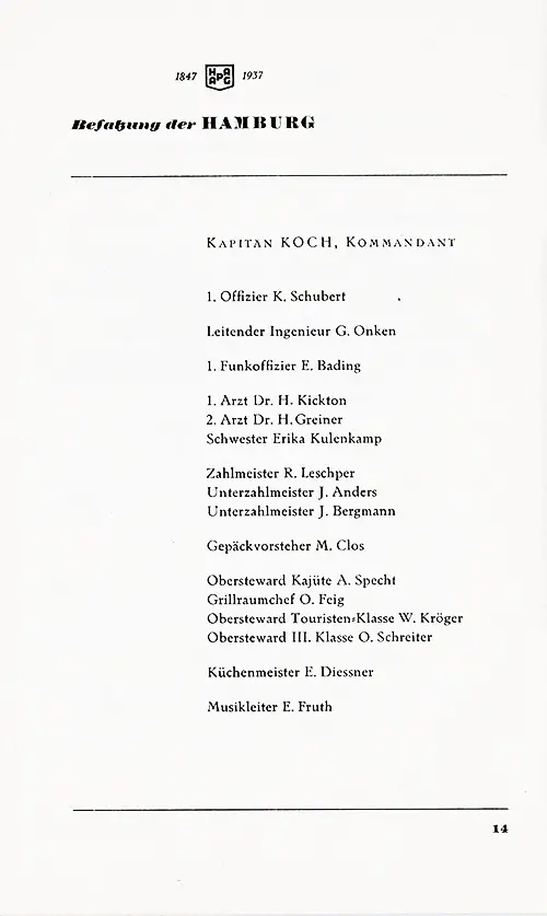 List of Senior Officers and Staff, SS Hamburg Tourist and Third Class Passenger List, 2 September 1937.