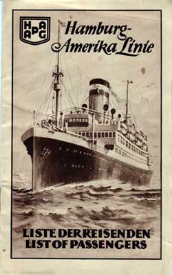 Passenger Manifest, Hamburg Amerika Linie, SS Thuringia, September 1927