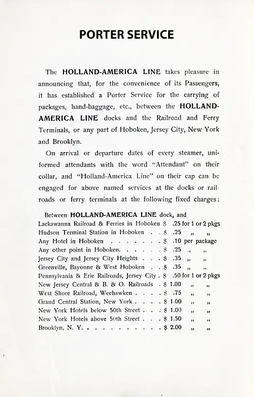Hoboken, New York, and Brooklyn Porter Service with Fees Charged, 1915.