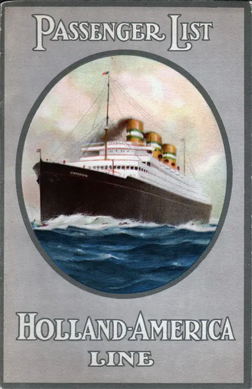 Front Cover of a First Class Passenger List for the SS Rotterdam of the Holland-America Line, Departing Friday, 9 October 1931 from Rotterdam to New York via Boulogne-sur-Mer and Southampton