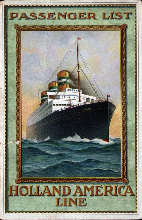 Front Cover of a Cabin Passenger List for the SS Ryndam of the Holland-America Line, Departing 31 October 1914 from Rotterdam to New York