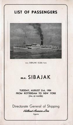 Front Cover, Passenger Manifest, M.V. Sibajak, Holland-America Line, August 1954