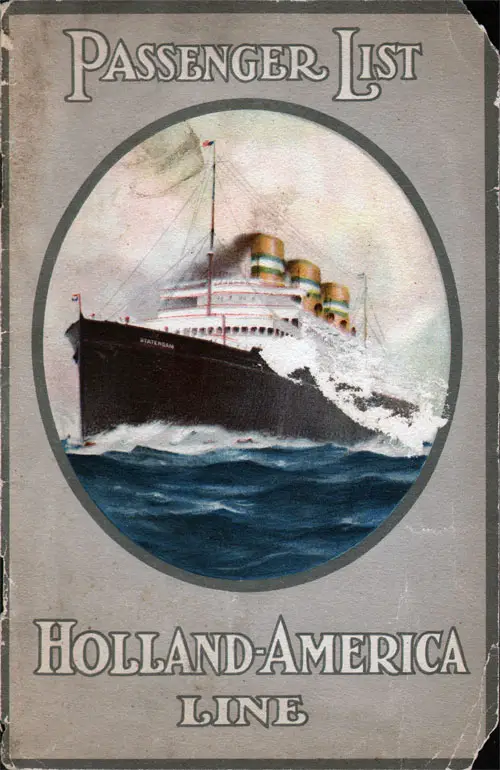 Front Cover of a Cabin Passenger List for the SS Statendam of the Holland-America Line, Departing Friday, 23 August 1929 from Rotterdam to New York via Boulogne-sur-Mer and Southampton