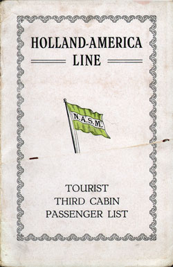 Passenger Manifest, Holland America SS Veendam Aug 1926