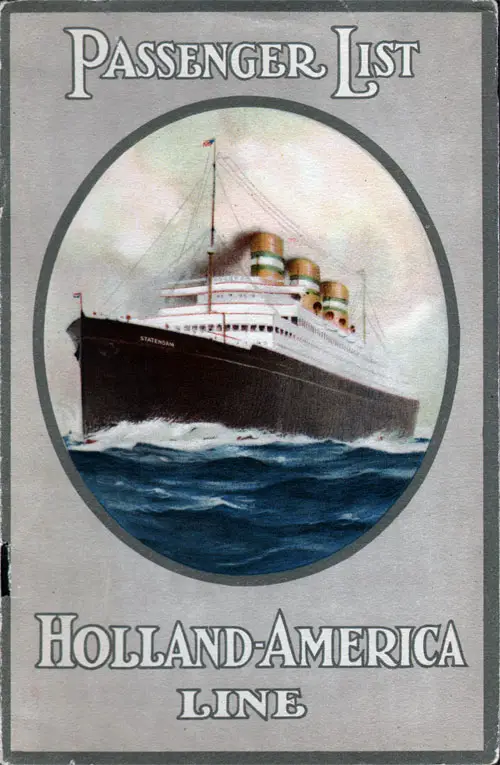 Front Cover of a Cabin Passenger List for the SS Volendam of the Holland-America Line, Departing Wednesday, 4 September 1929 from Rotterdam to New York via Boulogne-sur-Mer and Southampton