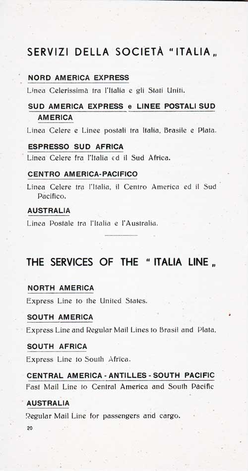 Italia Line Services for North America, South America, South Africa, Central America -- Antilles -- South Pacific, and Australia, 1935.