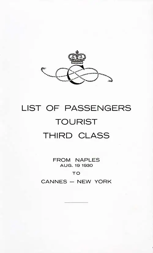 Title Page, SS Vulcania Tourist Third Class Passenger List, 19 August 1930.