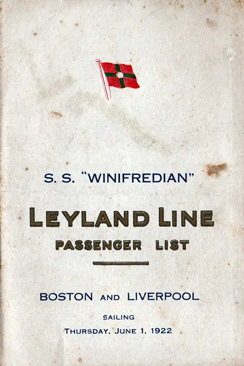 Passenger List, Leyland Line SS Winigredian - 1922