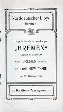 1906-10-27 Passenger Manifest for the SS Bremen