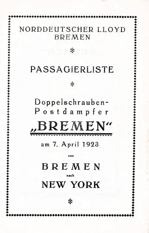 Title Page, SS Bremen Cabin Passenger List, 7 April 1923.