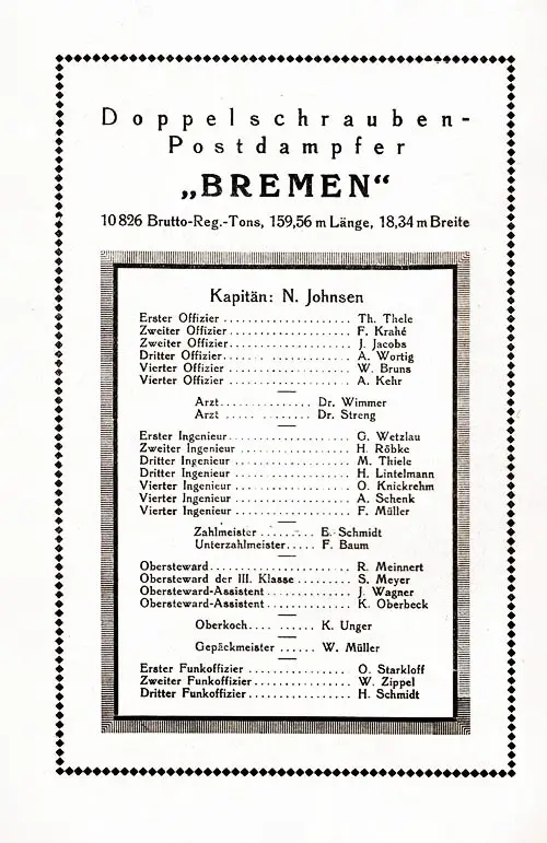 Officers and Staff, SS Bremen Cabin Passenger List, 21 July 1923.