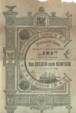 1895-09-07 Passenger Manifest for the SS Ems