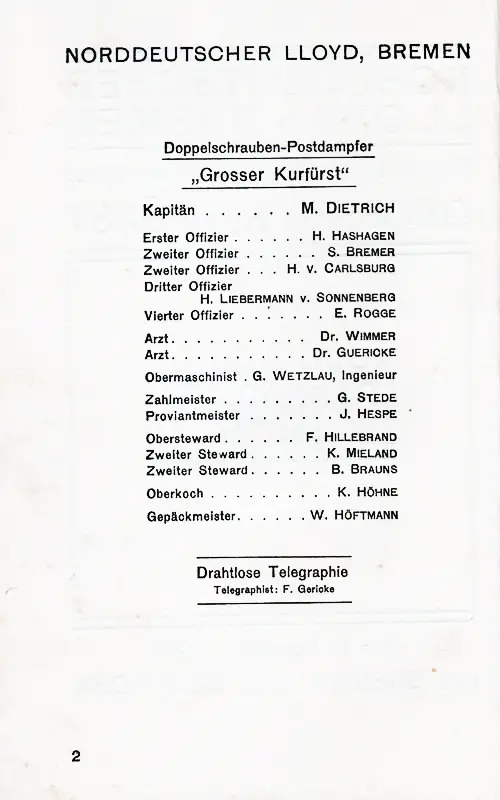 List of Senior Officers and Staff, SS Grosser Kurfürst Cabin Passenger List, 8 November 1913.