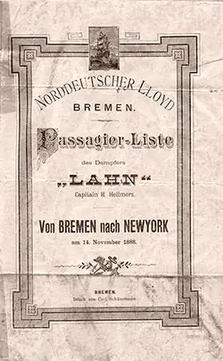 Front Cover, 1888-11-14 SS Lahn Passenger List