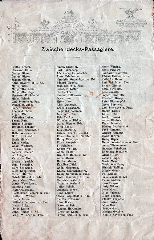 Part of a Steerage Passenger List