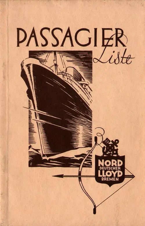 Front Cover - Passenger List, SS Sierra Ventana, Norddeutscher Lloyd, August 1931, Bremen to New York 
