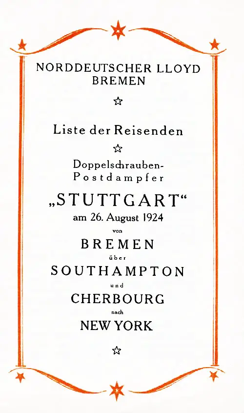 Title Page, SS Stuttgart Passenger List, 26 August 1924.