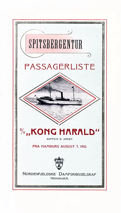 Front Cover - Passenger List, Nordenfjeldske Dampskibsselskap, SS Kong Harald, 7 August 1912