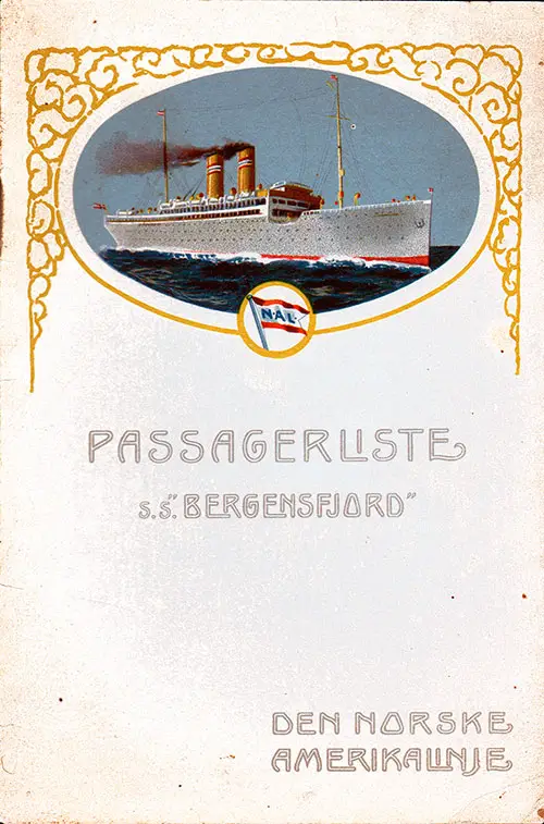 Front Cover - Passenger List, Norwegian-America Line, SS Bergensfjord, 18 August 1915