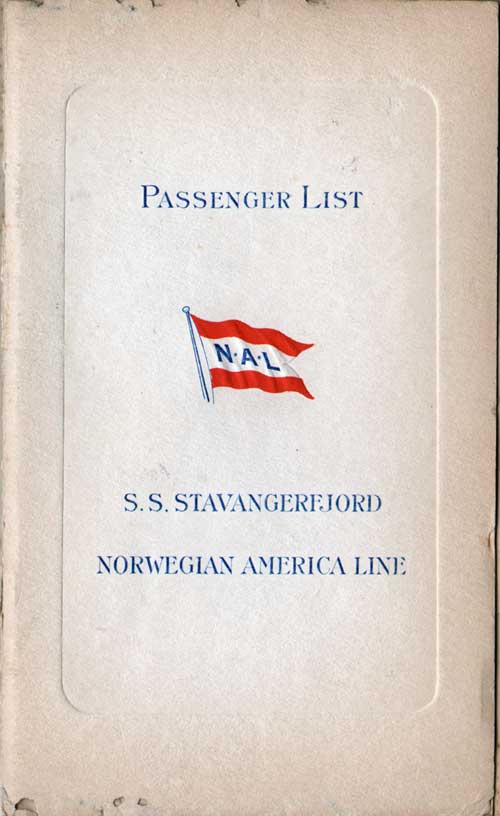 Front Cover - Passenger List, SS Stavangerfjord, Norwegian America Line, July 1939, New York to Oslo 