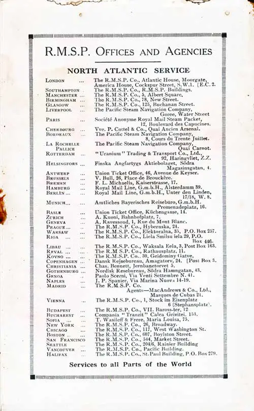 RMSP Worldwide Offices and Agencies. SS Orbita Passenger List, 1 August 1923.