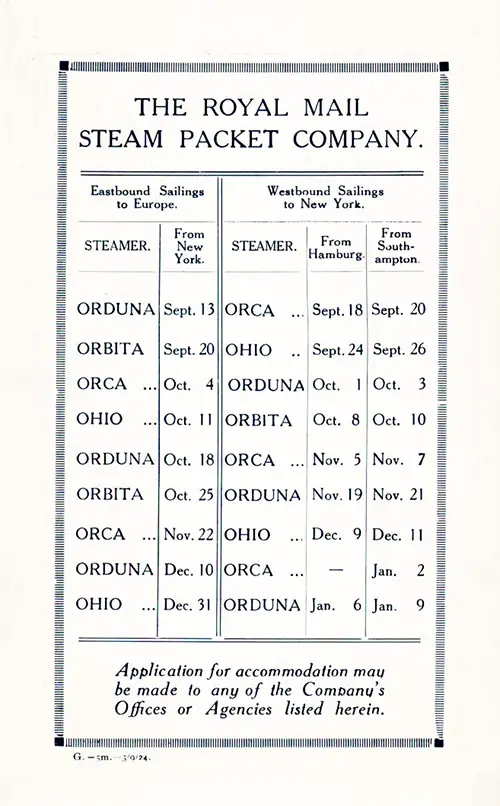 Sailing Schedule, New York-Hamburg-Southampton, from 13 September 1924 to 9 January 1925.